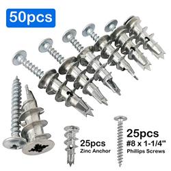 Ansoon Zinc Self-Drilling Drywall Anchors with Screws Kit, 50 Pieces All Together