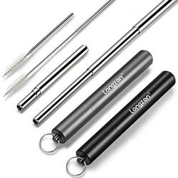 Longzon 2 Pack Telescopic Metal Straws – Reusable, Portable, Collapsible Stainless Steel Drinking Straws with 2 Aluminum Key-chain Case & 2 Cleaning Brushes for Travel - (Black/Grey)