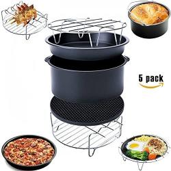 AIQI 5 Piece Air Fryer Accessories, Including Cake Barrel, Pizza Pan, Metal Holder, Skewer Rack and Silicone Mat for Gowise Phillips and Cozyna and More, Fit All 3.7QT - 5.3QT - 5.8QT