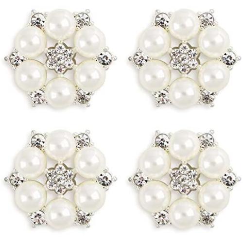 FEIYI 24 Pieces 26 mm Flatback Pearl Rhinestone DIY Embellishments for Wedding Decoration, Flower Center, Gift Card Decor (Silver)