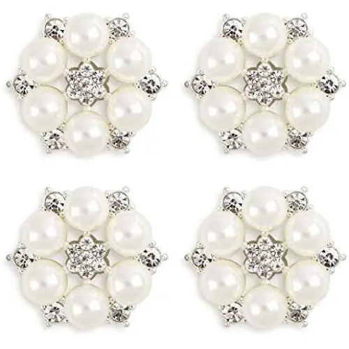 FEIYI 24 Pieces 26 mm Flatback Pearl Rhinestone DIY Embellishments for Wedding Decoration, Flower Center, Gift Card Decor (Silver)