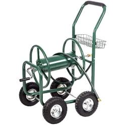 Heavy Duty Garden Water Hose Reel Cart- 300 Ft Liberty Water Hose Storage Reel Cart - 5/8 in X 6 Ft Water Hose w/4 Wheels & Storage Basket -Outdoor Metal Hose Reel System for Garden Yard Water Plant