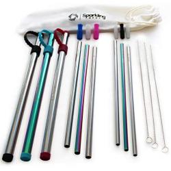 Reusable Straws with Case by Sparkling Spot - Easy to Clean, 316 Stainless Steel - Eco Friendly Set includes 3x Metal Case, 6x 8.5'' Straw with Silicone Tip (smoothie, cocktail), 3x Brush, 1x Pouch