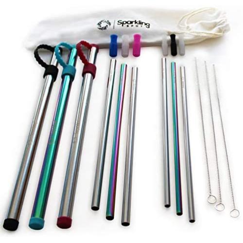 Reusable Straws with Case by Sparkling Spot - Easy to Clean, 316 Stainless Steel - Eco Friendly Set includes 3x Metal Case, 6x 8.5'' Straw with Silicone Tip (smoothie, cocktail), 3x Brush, 1x Pouch