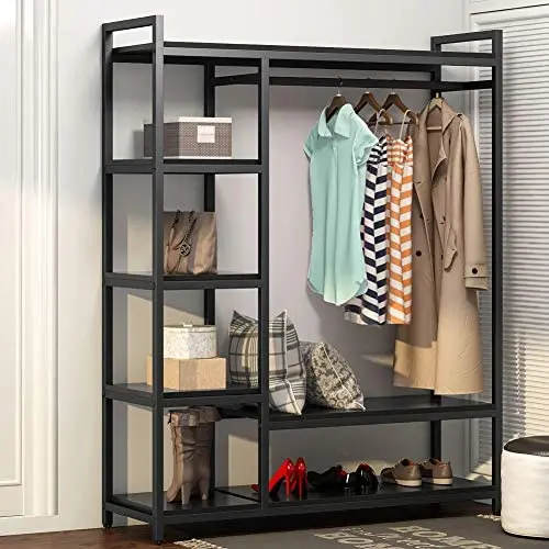 LITTLE TREE Free -standing Closet Organizer,Heavy Duty Closet Storage with 6 Shelves and Hanging Bar, Large Clothes Storage & Standing Garmen Rack, Black LITTLE TREE Free -standing Closet Organizer,Heavy Duty Closet Storage with 6 Shelves and Hanging Bar, Large Clothes Storage & Standing Garmen Rack, Black