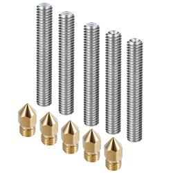 PChero 5pcs M6 x 40mm Stainless Steel Teflon Nozzle Throat + 5pcs 0.4mm Brass Extruder Nozzle Print Heads for Anet A8 MK8 Reprap 3D Printers