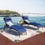 LOKATSE HOME 3 Pieces Outdoor Patio Chaise Lounges Chairs Set Adjustable with Folding Table, Dark Blue Cushions