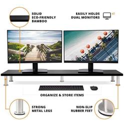 Large Dual Monitor Stand for Computer Screens - Solid Bamboo Riser Support The Heaviest Monitors, Printers, Laptops or TVs - Perfect Shelf Organizer for Office Desk Accessories & TV Stands (Black)