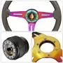 345mm 6 Bolt Steering Wheel Gunmetal Wood + Hub Adapter For Honda Prelude Accord + Fukushi Koriesha Orange/Yellow Horn Button Center Upgrade Replacement Performance