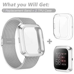 HAPAW Metal Bands Plus Screen Protector Case Compatible with Fitbit Versa 2, Stainless Steel Magnetic Mesh Strap Men Women Bracelet Wristbands Accessories with 2-Pack Bumper Cover for Versa 2 Smartwatch (Silver, Large)