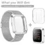 HAPAW Metal Bands Plus Screen Protector Case Compatible with Fitbit Versa 2, Stainless Steel Magnetic Mesh Strap Men Women Bracelet Wristbands Accessories with 2-Pack Bumper Cover for Versa 2 Smartwatch (Silver, Large)