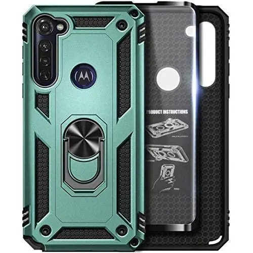E-Began Case for Motorola Moto G Stylus (2020) with Tempered Glass Screen Protector, Metal Magnetic Ring Holder, Full-Body Protective Military Armor Phone Cover Case -Green