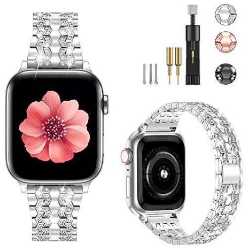 Fitlink Compatible with Apple Watch Band 38mm 40mm 42mm 44mm Series 6 Series 5 4 3 2 1 SE, Bling Dressy Jewelry Metal Adjustable Apple Watch Bands for Apple Watch 6/5/4/3/2/1