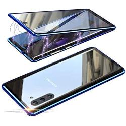 Jonwelsy Magnetic Adsorption Case for Samsung Galaxy Note 10, 360 Degree Front and Back Clear Tempered Glass Flip Cover, Metal Bumper Frame for Samsung Galaxy Note 10 (Blue)