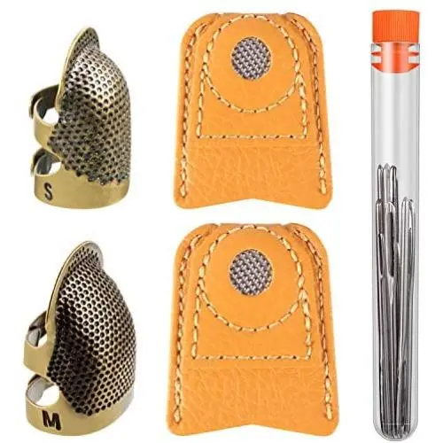 5 Pieces Copper Sewing Thimble, Adjustable Metal Bronze Sewing Thimble Rings, Faux Leather Coin Thimble Finger Protectors and Big-eye Yarn Knitting Needles for Needlework, Hand Embroidery and Knitting 5 Pieces Copper Sewing Thimble, Adjustable Metal Bronze Sewing Thimble Rings, Faux Leather Coin Thimble Finger Protectors and Big-eye Yarn Knitting Needles for Needlework, Hand Embroidery and Knitting
