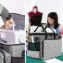Yarwo Sewing Machine Carrying Case with Bottom Wooden Board, Universal Sewing Machine Tote Compatible with Most Standard Sewing Machine and Accessories, Gray with Grid
