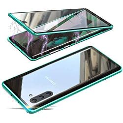 Jonwelsy Magnetic Adsorption Case for Samsung Galaxy Note 10, 360 Degree Front and Back Clear Tempered Glass Flip Cover, Metal Bumper Frame for Samsung Galaxy Note 10 (Green)