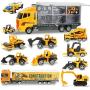 Joyfia 11 in 1 Die-cast Construction Truck Vehicle Car Toy Set Play Vehicles in Carrier Truck, Alloy Metal Car Model Excavator Dumper Bulldozer Road Roller for Kids Boys Girls