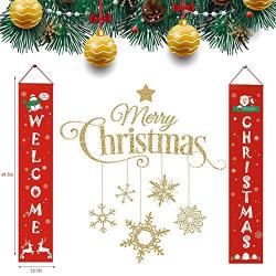 BeauFlw Merry Christmas Banners,Christmas Decorations,Front Door Welcome Christmas Porch Sign Banners for Home Wall Indoor Outdoor Holiday Party Decor (2 Pieces)