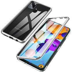 Jonwelsy Magnetic Adsorption Case for Samsung Galaxy A21S, 360 Degree Front and Back Clear Tempered Glass Flip Cover, Metal Bumper Frame for Samsung Galaxy A21S (Silver)