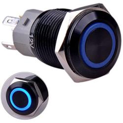 Taien Latching Pushbutton Switch for 16mm 5/8'' Mounting Hole ON/OFF Black Metal Shell with Blue LED Light