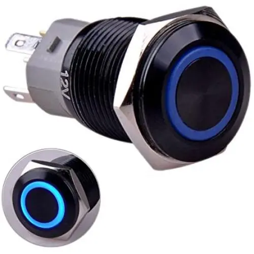 Taien Latching Pushbutton Switch for 16mm 5/8'' Mounting Hole ON/OFF Black Metal Shell with Blue LED Light Taien Latching Pushbutton Switch for 16mm 5/8'' Mounting Hole ON/OFF Black Metal Shell with Blue LED Light
