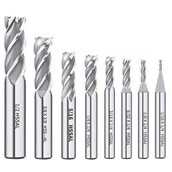 AUTOTOOLHOME 1/8'' 3/16'' 1/4'' 5/16'' 3/8'' 1/2'' high Speed Steel HSS 4 Flute Straight End Mill Cutter 5/32'' 1/16'' Set of 8