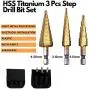 Volterin Titanium Step Drill Bit Set Multiple Hole step drill bit 3-Piece Set | Total 24 Sizes | 3-12mm/4-12mm/ 4-20mm, High Speed Steel Drill Bits Set with Double Cutting Blades multiple hole sizes step drill bit set