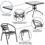 Flash Furniture 31.5 Square Glass Metal Table with 4 Black Metal Aluminum Slat Stack Chairs