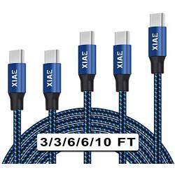 USB C Cable,XIAE 5Pack (3/3/6/6/10FT) Nylon Braided Fast Charging Cable Aluminum Housing Compatible with Samsung Galaxy S10 S9 Note 9 8 S8 Plus,LG V30 V20 G6,Google Pixel,Huawei P30/P20-Black&Blue