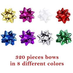 Tatuo 320 Pieces Mini Gift Bows Christmas Metallic Wrap Bows Self Adhesive Gifts Bows for Holiday Christmas Birthday Party Favor, 8 Colors