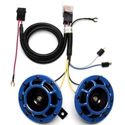 FARBIN Waterproof Car Horn 12v Loud High Tone/Low Tone Metal Twin Horns Kit with Relay Harnes,Universal Horn for Car (Blue horn with wire harness)