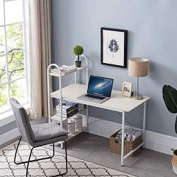 HOME BI Computer Desk with Storage Shelves 47 inch, Reversible Study Writing Table with Adjustable Bookshelf, Home Office Wood PC Work-Station, Modern Simple Style, Metal Frame, Easy Assemble, White