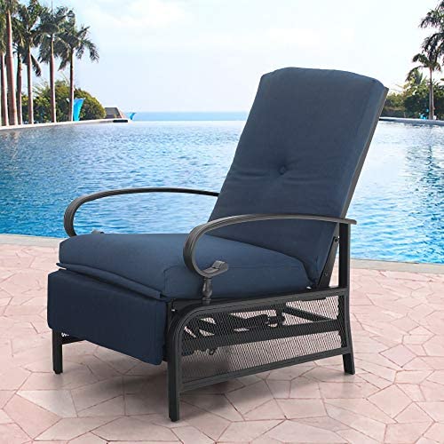 MFSTUDIO Patio Recliner Chair Metal Adjustable Back Outdoor Lounge Chair with 100% Olefin Cushion (Navy Blue)