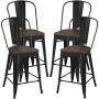 Yaheetech 24Inch Seat Height Tolix Style Dining Stools Chairs with Wood Seat/Top and High Backrest, Industrial Metal Counter Height Stool, Modern Kitchen Dining Bar Chairs Rustic, Black, Set of 4