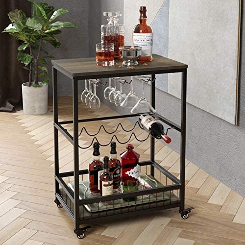 HOMECHO Bar Carts for Home, Mobile Wine Cart on Wheels, Wine Rack Table with Glass Holder, Utility Kitchen Serving Cart with Storage, Wood and Metal Frame,Dark Brown