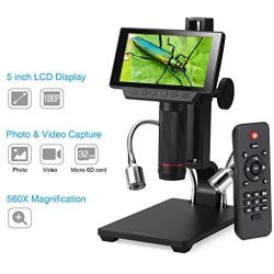 Koolertron 5 inch LCD 1080P Digital Microscope Wireless Remote Control Up to 560x Magnification with Adjustable Stand, USB/HDMI/AV Output Camera Video Recorder with 8 LED Adjustable Light Source