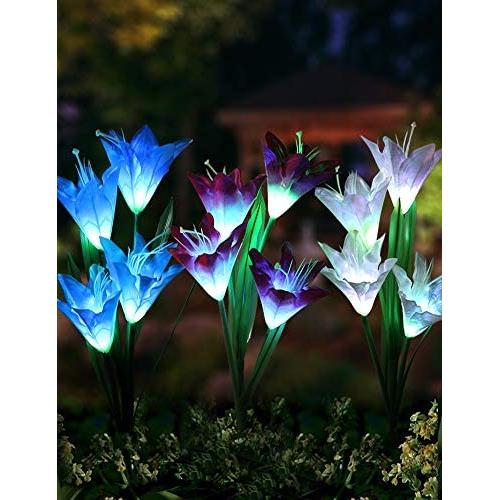 Bright Zeal 3 Bundle 12 Lily LED Fairy Solar Garden Light with Color Changing Flower Lights - Multi Color Solar Lights Outdoor Garden LED Flower Waterproof - Solar LED Metal Flower Stake Lights