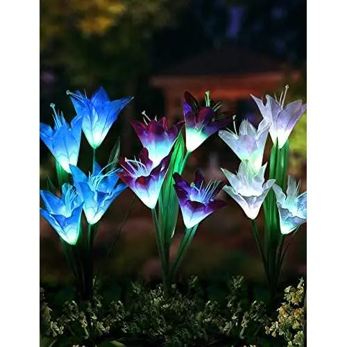 Bright Zeal 3 Bundle 12 Lily LED Fairy Solar Garden Light with Color Changing Flower Lights - Multi Color Solar Lights Outdoor Garden LED Flower Waterproof - Solar LED Metal Flower Stake Lights