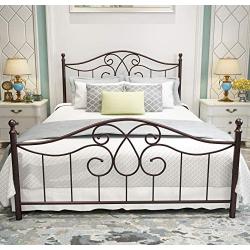 Vintage Sturdy Metal Bed Frame Queen Size with Vintage Headboard and Footboard Platform Base Bed Frame No Box Spring Needed Steel Bed，Antique Brown，Queen.