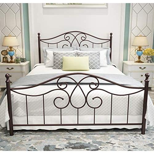 Vintage Sturdy Metal Bed Frame Queen Size with Vintage Headboard and Footboard Platform Base Bed Frame No Box Spring Needed Steel Bed，Antique Brown，Queen.