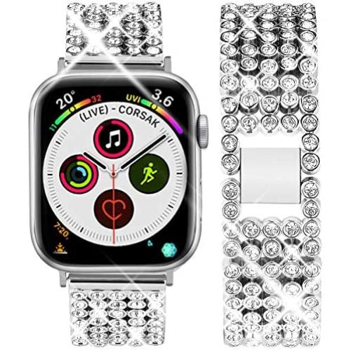 Goton Band Compatible with Apple Watch Band 40mm 38mm , Women Beads Link Crystal Bling Stainless Metal Replacement Strap for iWatch Band Series SE 6 5 4 3 2 1 (Silver, 40mm 38mm)