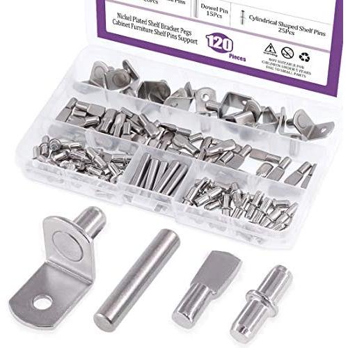 Swpeet 120Pcs 4 Styles Shelf Pins Kit, Top Quality Nickel Plated Shelf Bracket Pegs Cabinet Furniture Shelf Pins Support for Shelf Holes on Cabinets, Entertainment Centers