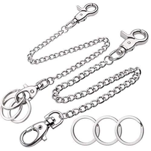 Pocket Chain, 2 Pieces of Metal Wallet Keychain Pants Chain with Both Ends Lobster Clasps and 6 Pieces of Key Rings for Keys, Pants, Belt Loop and Wallets - 8 Inches