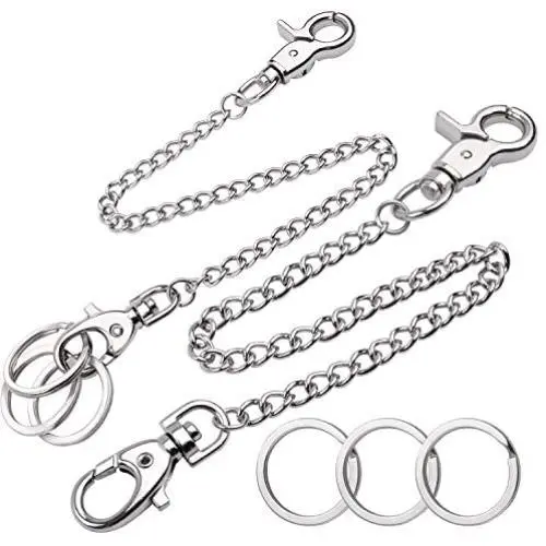 Pocket Chain, 2 Pieces of Metal Wallet Keychain Pants Chain with Both Ends Lobster Clasps and 6 Pieces of Key Rings for Keys, Pants, Belt Loop and Wallets - 8 Inches
