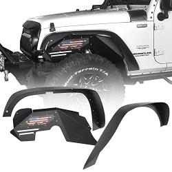 Hooke Road Flat Fender Flares + Front Inner Fender Liners Kit Compatible with Jeep Wrangler JK & Unlimited 2007-2018 2/4 Doors