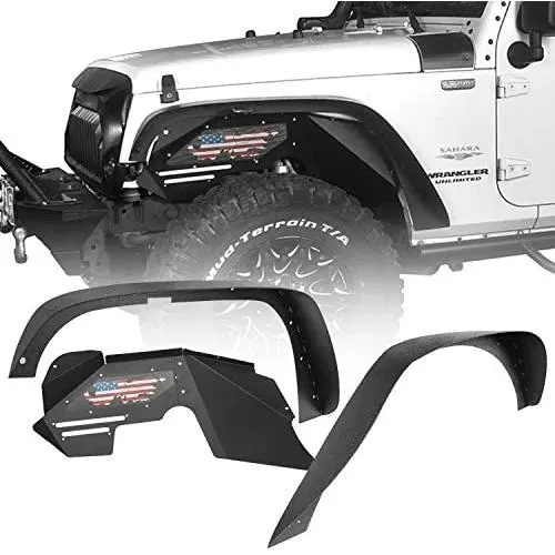Hooke Road Flat Fender Flares + Front Inner Fender Liners Kit Compatible with Jeep Wrangler JK & Unlimited 2007-2018 2/4 Doors Hooke Road Flat Fender Flares + Front Inner Fender Liners Kit Compatible with Jeep Wrangler JK & Unlimited 2007-2018 2/4 Doors