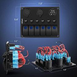 Nilight 6 Gang 5 Pin ON/Off Toggle Rocker Switch Panel with 12V-24V LED Digital Voltmeter 3.1A Dual USB Charger Cigarette Lighter Socket Overload Protection For RV Truck Boat SUV, 2 Years Warranty