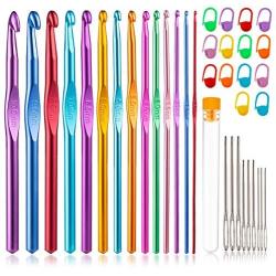 Vodiye 37 PCS Crochet Hooks Set, Coloured Aluminum Ergonomic Handle Crochet, Hook Needles for Arthritic Hands, with Stitch Markers and Large-Eye Blunt Needles