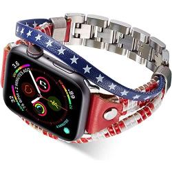 Wetheband American Flag Band Compatible for Apple Watch 42mm 44mm, Us Flag Genuine Leather Bands with Stainless Steel Metal Clasps, Replacement Handmade Strap for iWatch Series 5/4/3/2/1